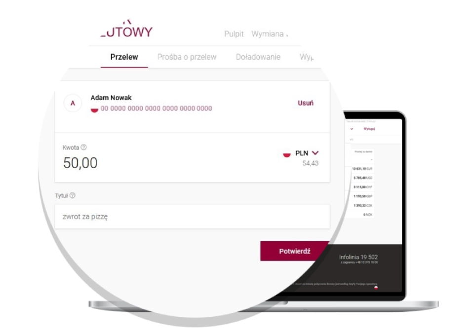 Transfer form in zlotys after logging in to the online banking of Kantor Walutowy.