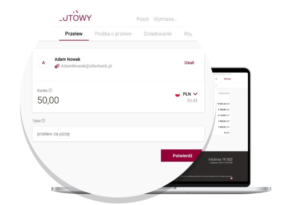 Transfer form sms/e-mail after logging into the online banking of the Currency Exchange.