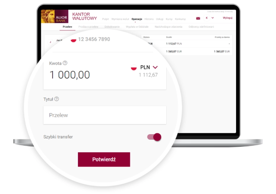 Quick transfer form in zlotys after logging into the internet banking of the Currency Exchange.