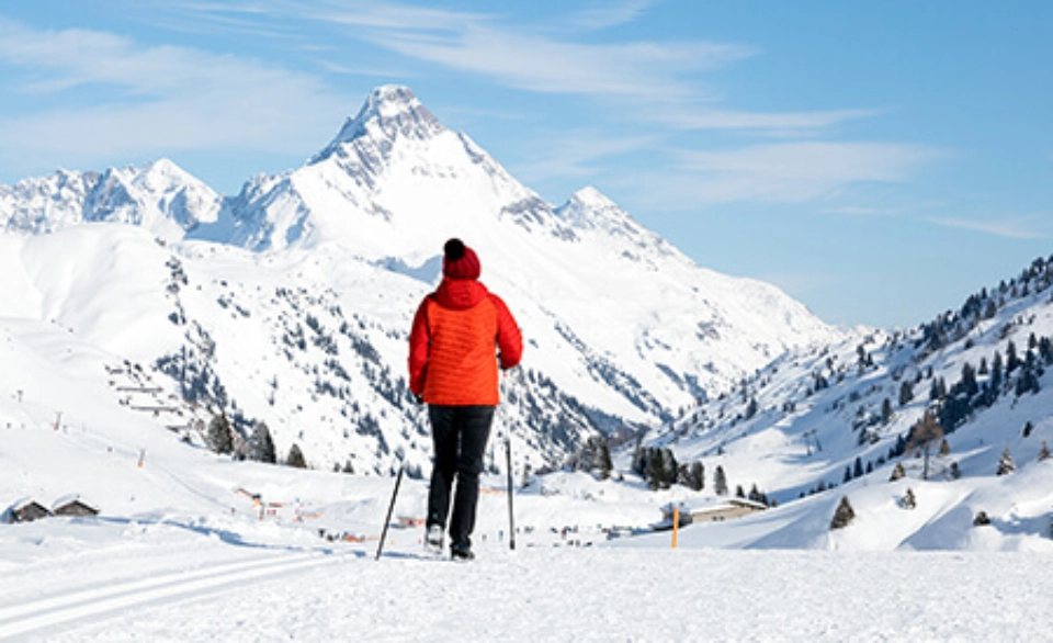 Tourist in the mountains - illustration promoting travel insurance.