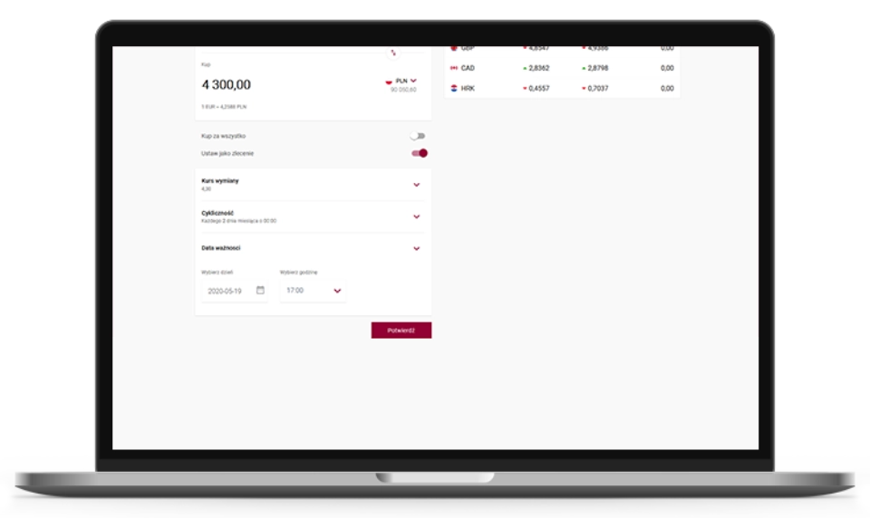 The laptop screen with the open online banking of the Currency Exchange Office. The new order form is open.