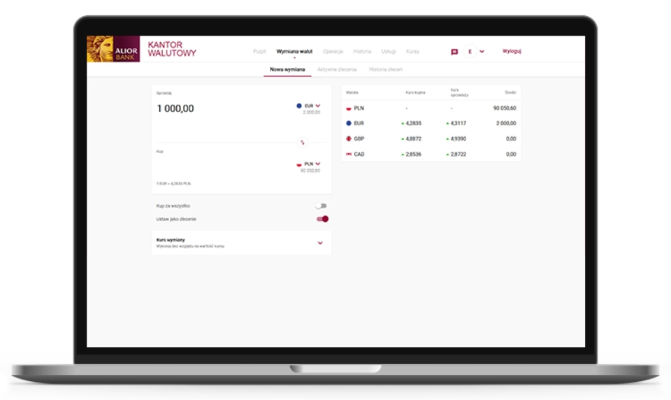 Ekran laptopa z otwartą bankowością internetową Kantoru Walutowego. Otwarta zakładka Wymiana walut.