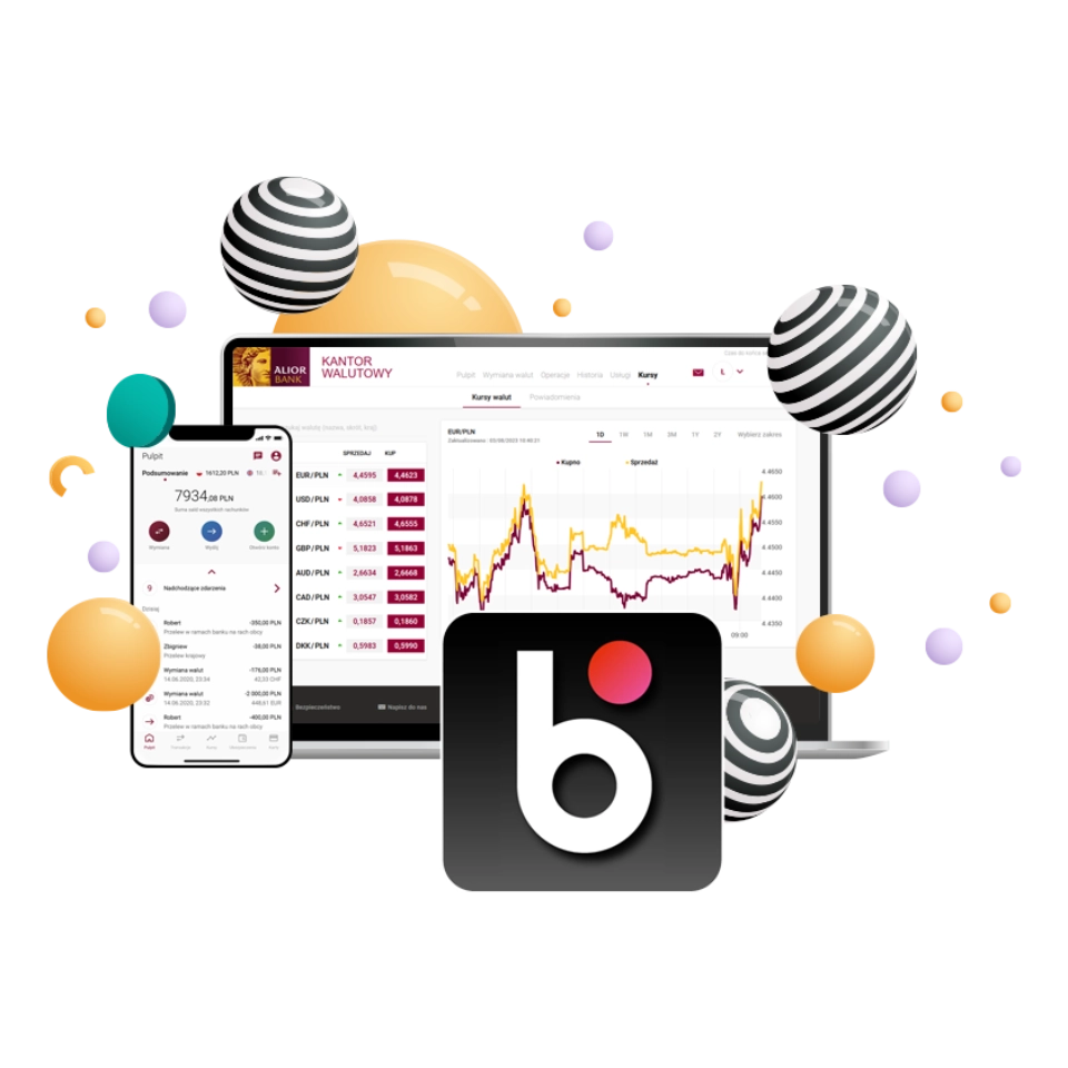 Smartfon z otwartą aplikacją mobilną Kantor Walutowy i laptop z wykresem kursów walutowych otoczone kolorowymi kulami. Na pierwszym planie białe logo z literą ‘b’ na czarnym tle reklamujące BLIK.