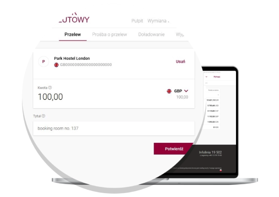 Transfer form in pounds after logging in to Kantor Walutowy's online banking.