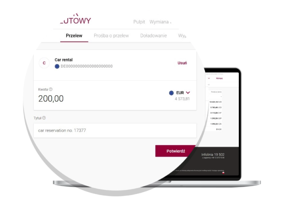 Euro transfer form after logging in to Kantor Walutowy's online banking.