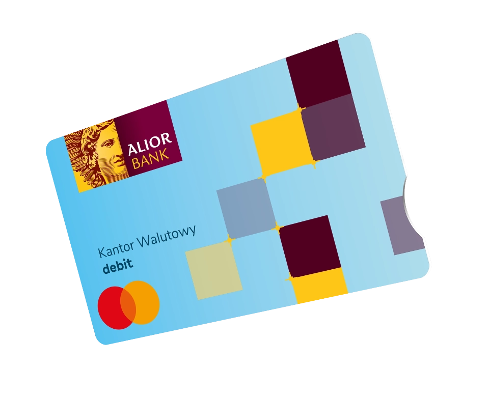 Alior Bank debit card with the inscription KANTOR WALUTOWY. Blue background with colorful patterns, chip on the left side, Mastercard logo and contactless payment symbol in the lower right corner.