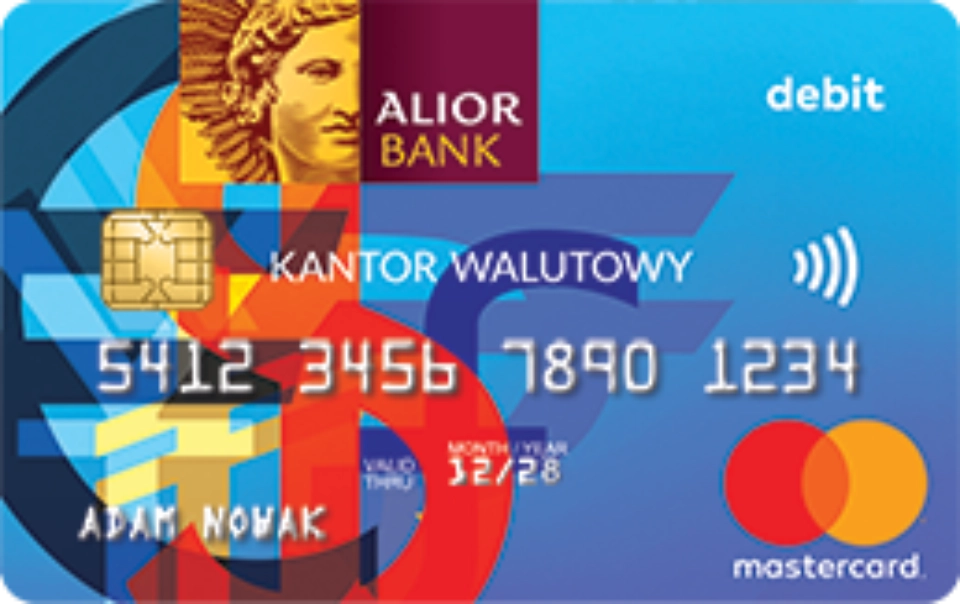 Alior Bank debit card with the inscription KANTOR WALUTOWY. Blue background with colorful patterns, chip on the left side, Mastercard logo and contactless payment symbol in the lower right corner.