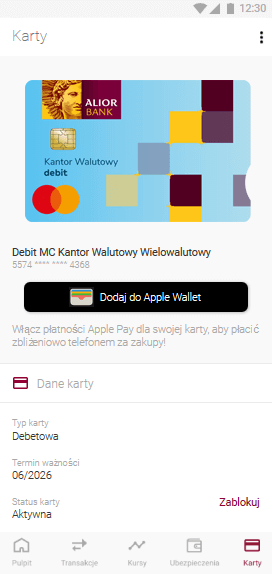 Widok zakładki Karty na telefonie z systemem iOS