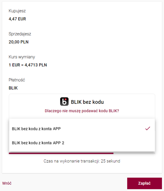 Grafika przedstawia widok po zalogowaniu do Kantoru Walutowego prezentujący transakcję wymiany walut BLIK z zapisanym sprzedawcą w dwóch aplikacjach