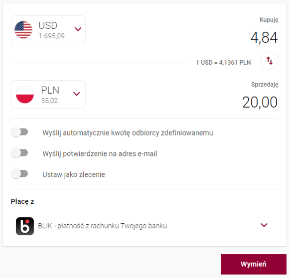 widok z zakładki Wymiana walut z wybranymi rachunkami w USD i PLN, z zaznaczoną metodą płatności Płacę z BLIK - płatność z rachunku Twojego banku