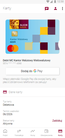 Widok zakładki Karty na telefonie z systemem Android (TM)