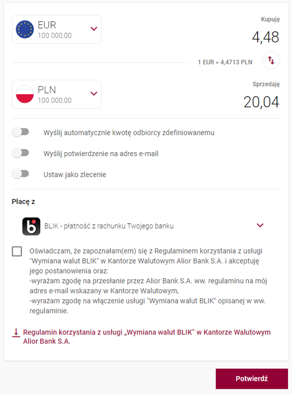 Grafika przedstawia widok po zalogowaniu do Kantoru Walutowego, zakłdka Wymiana walut