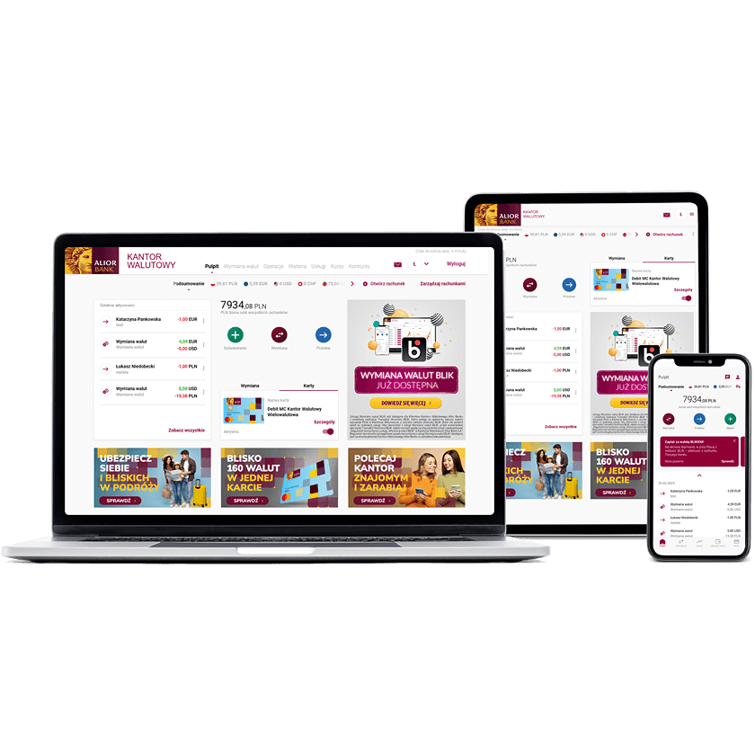 Platforma Kantor Walutowy wyświetlona na laptopie, tablecie i smartfonie, dostosowana do różnych rozmiarów ekranów. Widoczny pulpit, z zakładkami, które są dostępne od razu po zalogowaniu. Widoczne również banery reklamowe.