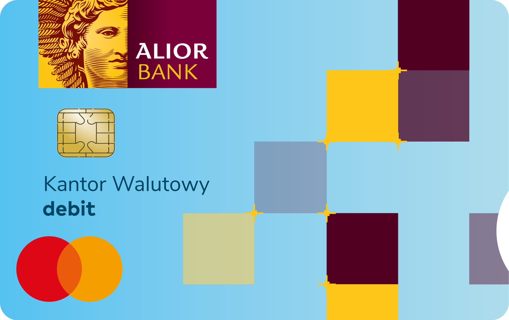 Karta debetowa Alior Banku z napisem KANTOR WALUTOWY. Niebieskie tło z kolorowymi wzorami, chip po lewej stronie, logo Mastercard i symbol płatności zbliżeniowej w prawym dolnym rogu.