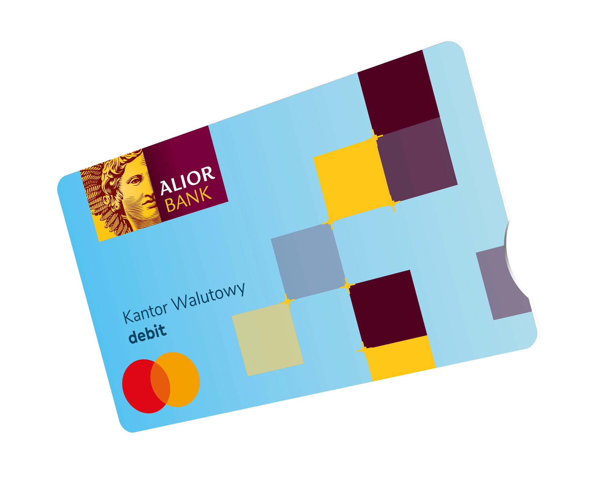 Alior Bank debit card with the inscription KANTOR WALUTOWY. Blue background with colorful patterns, chip on the left side, Mastercard logo and contactless payment symbol in the lower right corner.